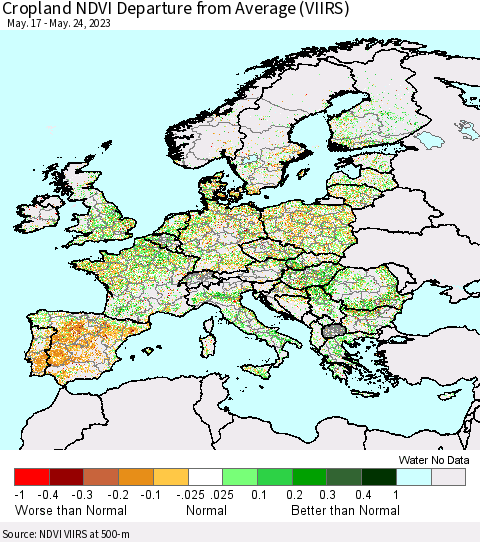 Europe Cropland NDVI Departure from Average (VIIRS) Thematic Map For 5/17/2023 - 5/24/2023
