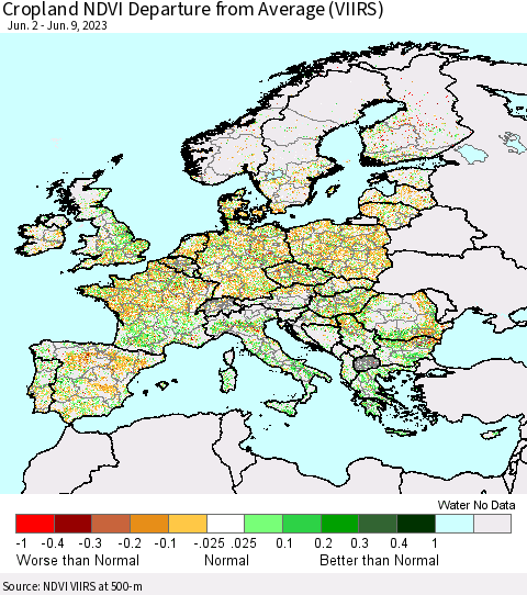 Europe Cropland NDVI Departure from Average (VIIRS) Thematic Map For 6/2/2023 - 6/9/2023