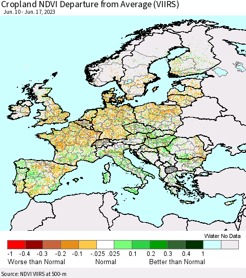 Europe Cropland NDVI Departure from Average (VIIRS) Thematic Map For 6/10/2023 - 6/17/2023