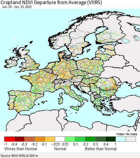 Europe Cropland NDVI Departure from Average (VIIRS) Thematic Map For 6/18/2023 - 6/25/2023