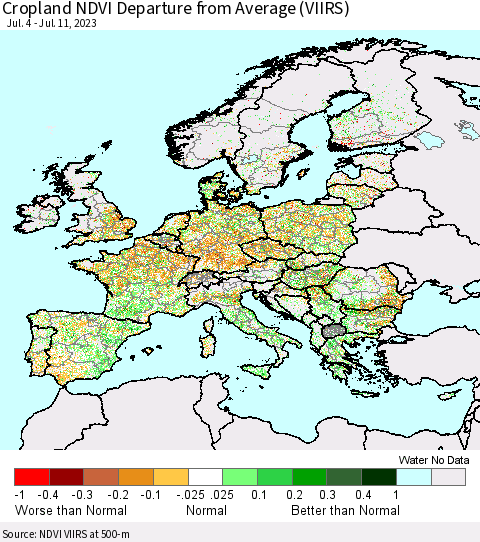 Europe Cropland NDVI Departure from Average (VIIRS) Thematic Map For 7/4/2023 - 7/11/2023