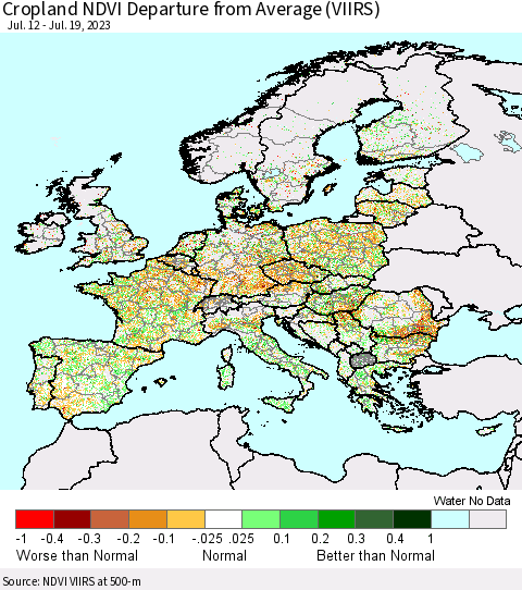 Europe Cropland NDVI Departure from Average (VIIRS) Thematic Map For 7/12/2023 - 7/19/2023