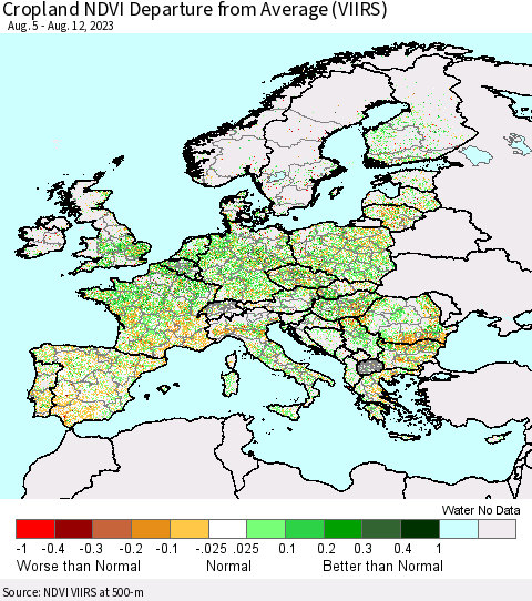 Europe Cropland NDVI Departure from Average (VIIRS) Thematic Map For 8/5/2023 - 8/12/2023