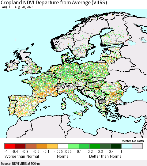 Europe Cropland NDVI Departure from Average (VIIRS) Thematic Map For 8/13/2023 - 8/20/2023