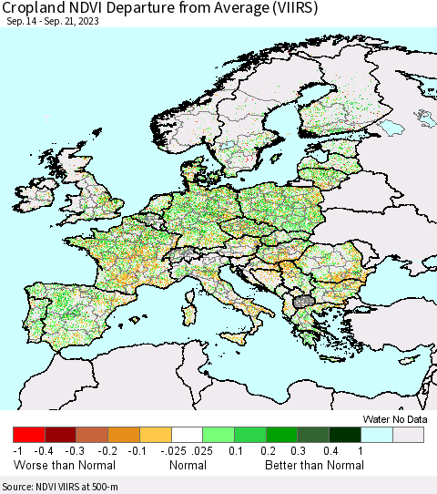 Europe Cropland NDVI Departure from Average (VIIRS) Thematic Map For 9/14/2023 - 9/21/2023