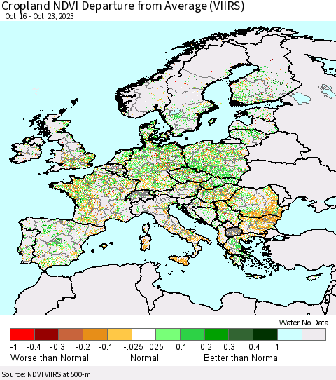 Europe Cropland NDVI Departure from Average (VIIRS) Thematic Map For 10/16/2023 - 10/23/2023