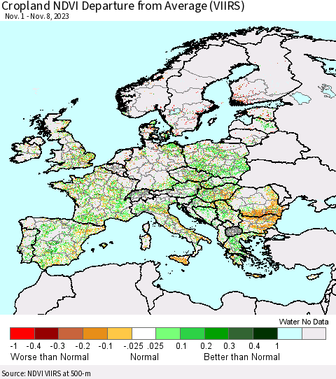 Europe Cropland NDVI Departure from Average (VIIRS) Thematic Map For 11/1/2023 - 11/8/2023