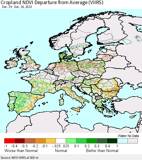 Europe Cropland NDVI Departure from Average (VIIRS) Thematic Map For 12/19/2023 - 12/26/2023