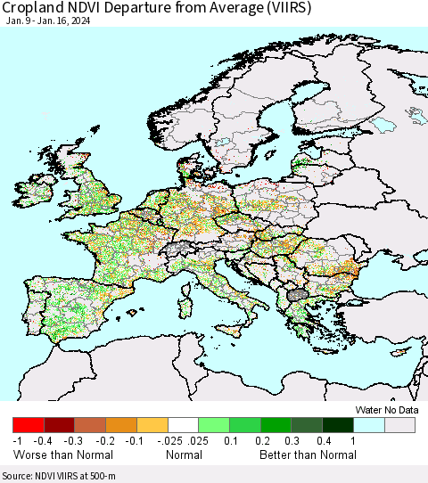 Europe Cropland NDVI Departure from Average (VIIRS) Thematic Map For 1/9/2024 - 1/16/2024