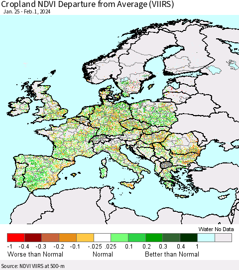 Europe Cropland NDVI Departure from Average (VIIRS) Thematic Map For 1/25/2024 - 2/1/2024