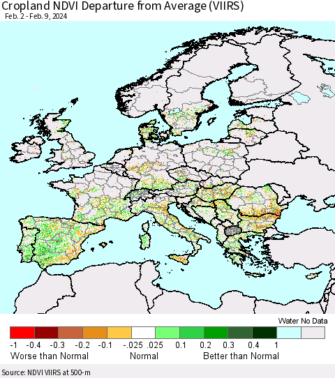 Europe Cropland NDVI Departure from Average (VIIRS) Thematic Map For 2/2/2024 - 2/9/2024