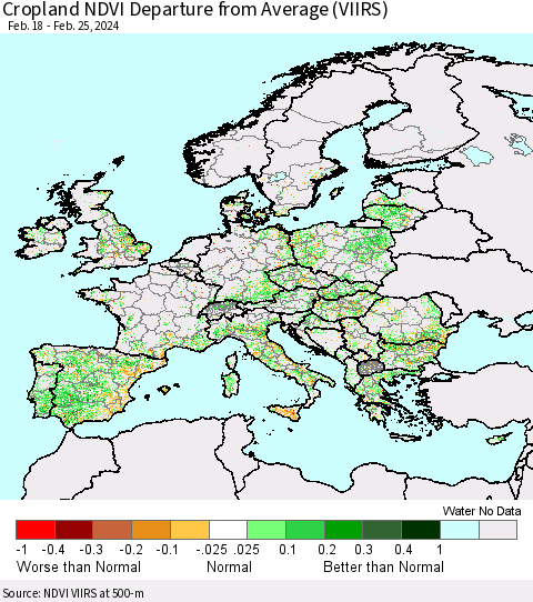 Europe Cropland NDVI Departure from Average (VIIRS) Thematic Map For 2/18/2024 - 2/25/2024