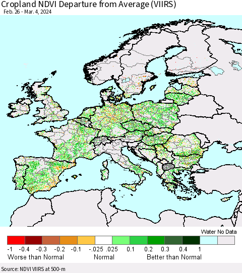 Europe Cropland NDVI Departure from Average (VIIRS) Thematic Map For 2/26/2024 - 3/4/2024