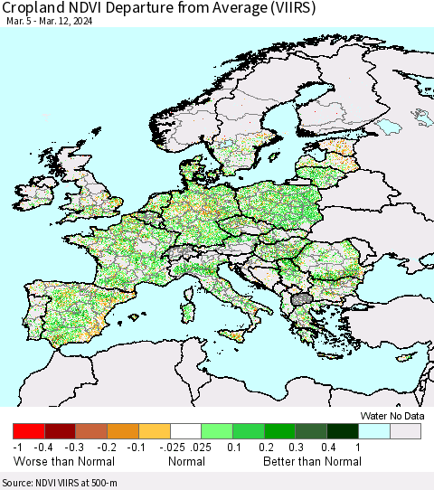 Europe Cropland NDVI Departure from Average (VIIRS) Thematic Map For 3/5/2024 - 3/12/2024