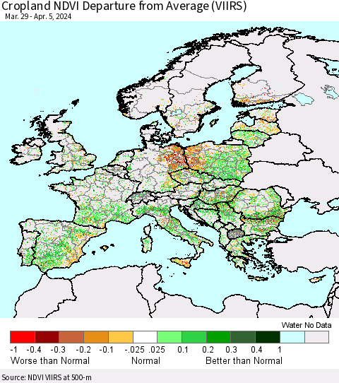 Europe Cropland NDVI Departure from Average (VIIRS) Thematic Map For 3/29/2024 - 4/5/2024