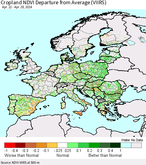 Europe Cropland NDVI Departure from Average (VIIRS) Thematic Map For 4/22/2024 - 4/29/2024