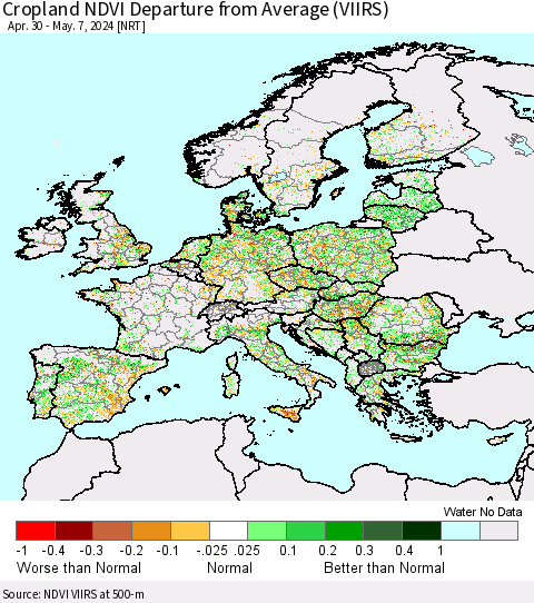 Europe Cropland NDVI Departure from Average (VIIRS) Thematic Map For 4/30/2024 - 5/7/2024