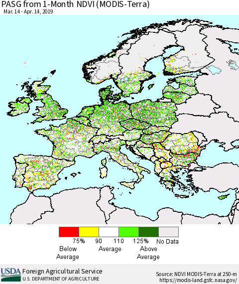 Europe PASG from 1-Month NDVI (Terra-MODIS) Thematic Map For 4/11/2019 - 4/20/2019