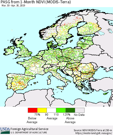 Europe PASG from 1-Month NDVI (Terra-MODIS) Thematic Map For 4/21/2019 - 4/30/2019