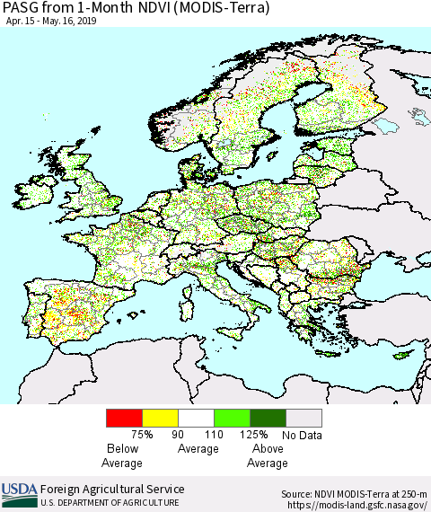 Europe PASG from 1-Month NDVI (Terra-MODIS) Thematic Map For 5/11/2019 - 5/20/2019
