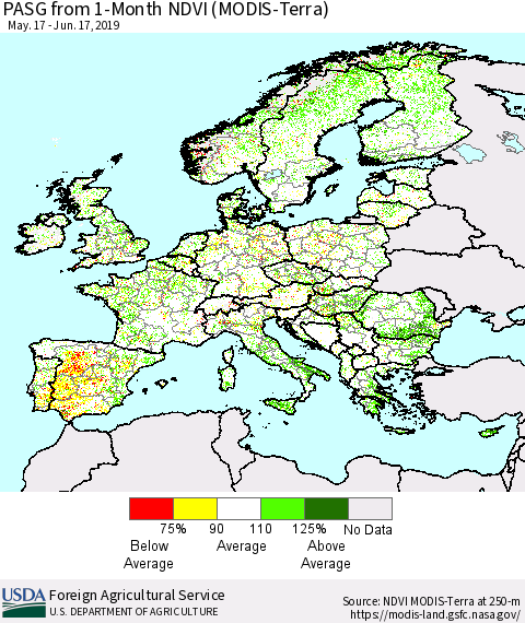 Europe PASG from 1-Month NDVI (Terra-MODIS) Thematic Map For 6/11/2019 - 6/20/2019
