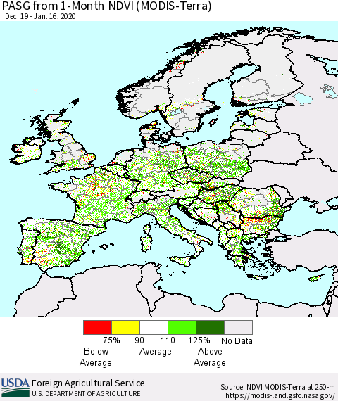 Europe PASG from 1-Month NDVI (Terra-MODIS) Thematic Map For 1/11/2020 - 1/20/2020