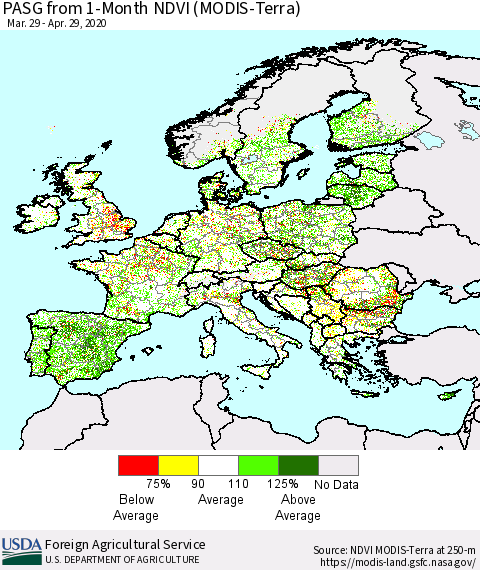 Europe PASG from 1-Month NDVI (Terra-MODIS) Thematic Map For 4/21/2020 - 4/30/2020