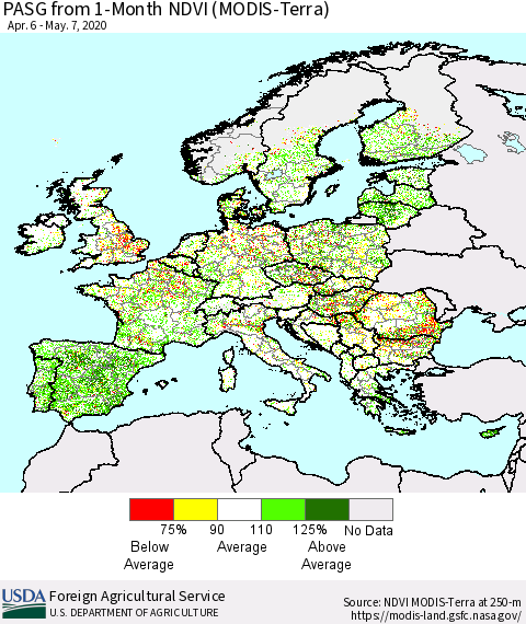 Europe PASG from 1-Month NDVI (Terra-MODIS) Thematic Map For 5/1/2020 - 5/10/2020