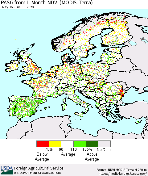 Europe PASG from 1-Month NDVI (Terra-MODIS) Thematic Map For 6/11/2020 - 6/20/2020