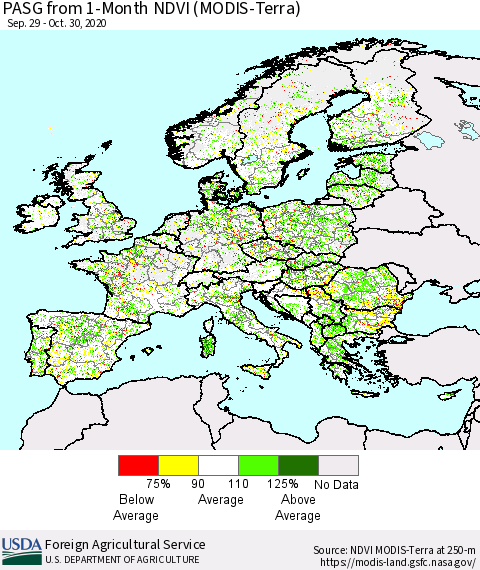 Europe PASG from 1-Month NDVI (Terra-MODIS) Thematic Map For 10/21/2020 - 10/31/2020