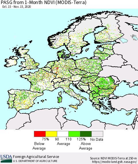 Europe PASG from 1-Month NDVI (Terra-MODIS) Thematic Map For 11/11/2020 - 11/20/2020