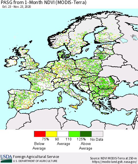 Europe PASG from 1-Month NDVI (Terra-MODIS) Thematic Map For 11/21/2020 - 11/30/2020