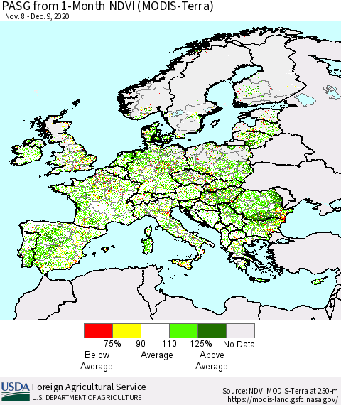 Europe PASG from 1-Month NDVI (Terra-MODIS) Thematic Map For 12/1/2020 - 12/10/2020