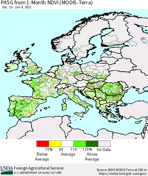 Europe PASG from 1-Month NDVI (Terra-MODIS) Thematic Map For 1/1/2021 - 1/10/2021