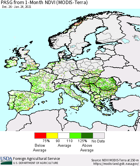 Europe PASG from 1-Month NDVI (Terra-MODIS) Thematic Map For 1/21/2021 - 1/31/2021