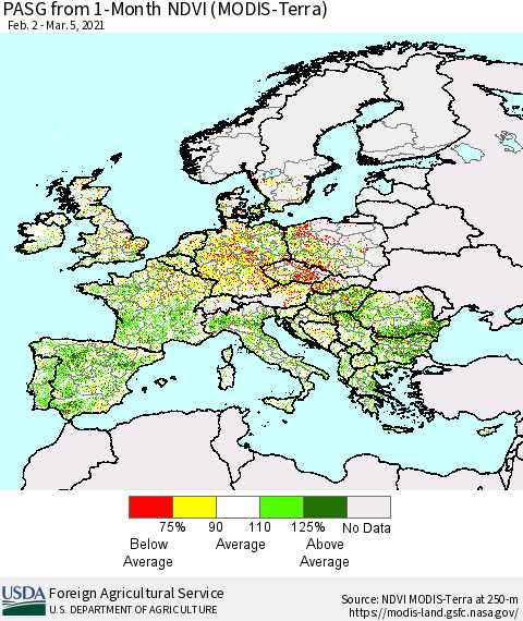 Europe PASG from 1-Month NDVI (Terra-MODIS) Thematic Map For 3/1/2021 - 3/10/2021
