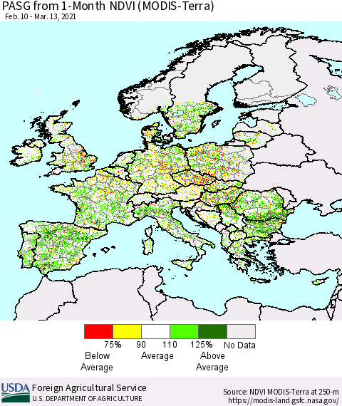 Europe PASG from 1-Month NDVI (Terra-MODIS) Thematic Map For 3/11/2021 - 3/20/2021