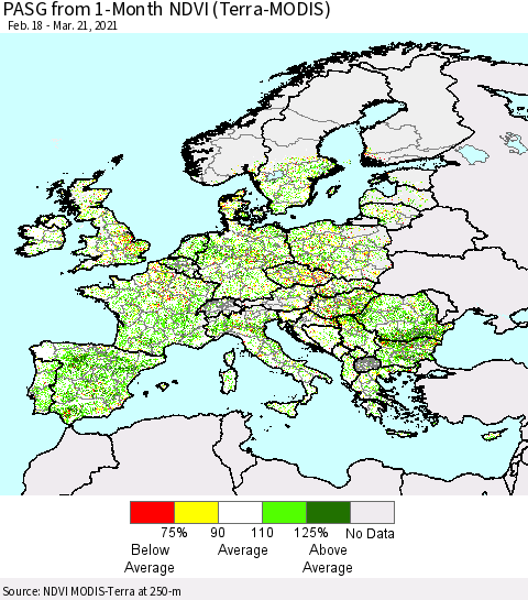 Europe PASG from 1-Month NDVI (Terra-MODIS) Thematic Map For 3/14/2021 - 3/21/2021