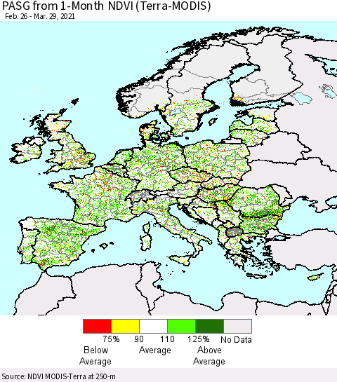 Europe PASG from 1-Month NDVI (Terra-MODIS) Thematic Map For 3/22/2021 - 3/29/2021