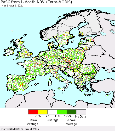 Europe PASG from 1-Month NDVI (Terra-MODIS) Thematic Map For 3/30/2021 - 4/6/2021
