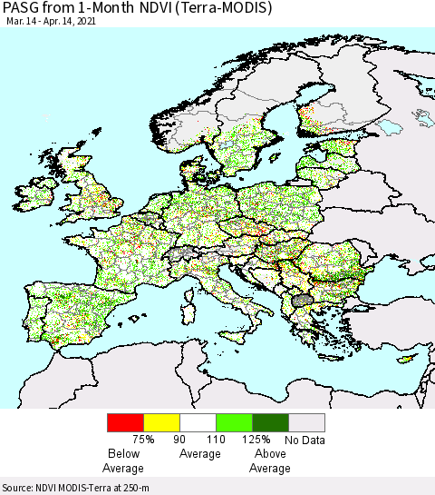 Europe PASG from 1-Month NDVI (Terra-MODIS) Thematic Map For 4/7/2021 - 4/14/2021