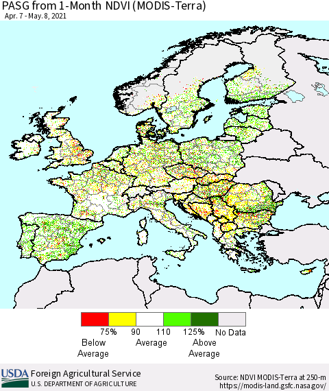 Europe PASG from 1-Month NDVI (Terra-MODIS) Thematic Map For 5/1/2021 - 5/10/2021
