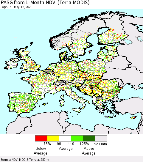 Europe PASG from 1-Month NDVI (Terra-MODIS) Thematic Map For 5/9/2021 - 5/16/2021