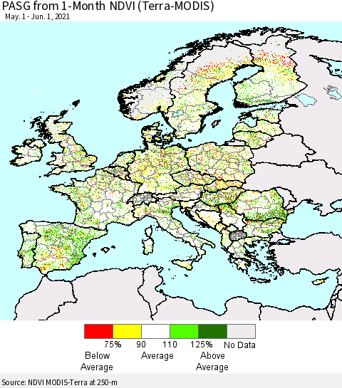 Europe PASG from 1-Month NDVI (Terra-MODIS) Thematic Map For 5/25/2021 - 6/1/2021