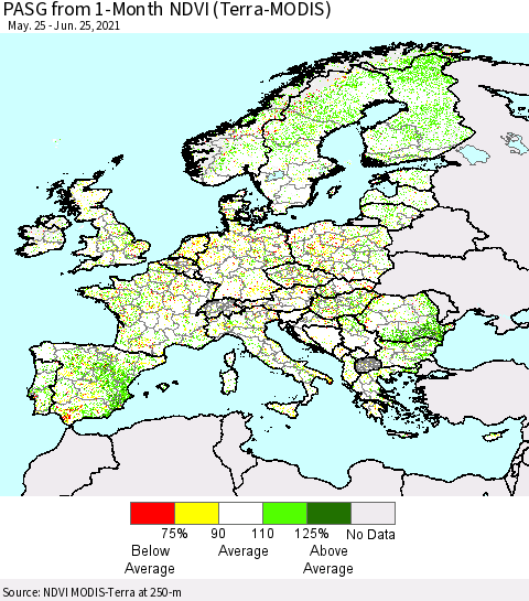 Europe PASG from 1-Month NDVI (Terra-MODIS) Thematic Map For 6/18/2021 - 6/25/2021