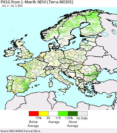 Europe PASG from 1-Month NDVI (Terra-MODIS) Thematic Map For 6/26/2021 - 7/3/2021