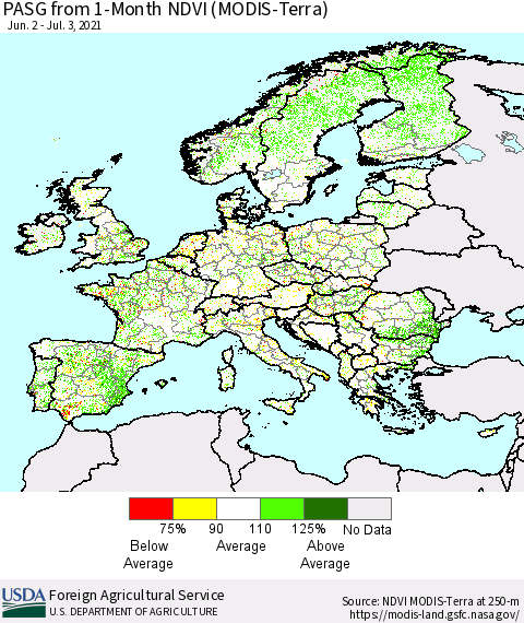 Europe PASG from 1-Month NDVI (Terra-MODIS) Thematic Map For 7/1/2021 - 7/10/2021