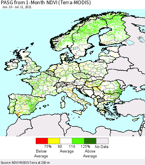 Europe PASG from 1-Month NDVI (Terra-MODIS) Thematic Map For 7/4/2021 - 7/11/2021
