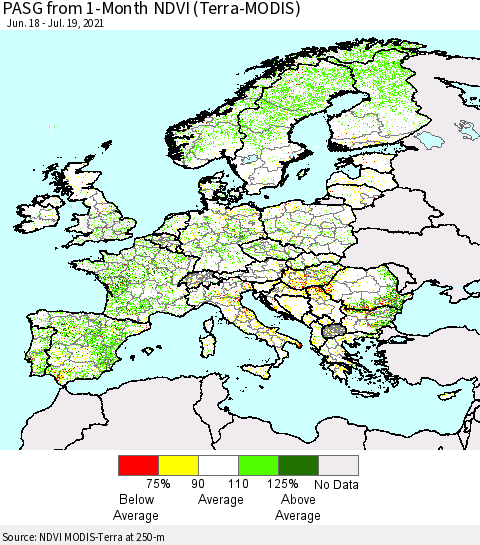 Europe PASG from 1-Month NDVI (Terra-MODIS) Thematic Map For 7/12/2021 - 7/19/2021