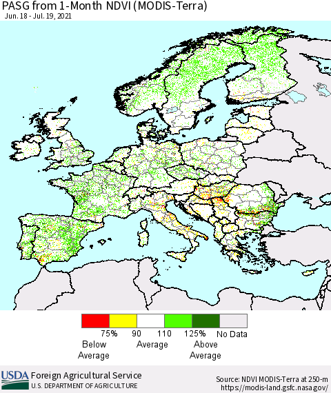 Europe PASG from 1-Month NDVI (Terra-MODIS) Thematic Map For 7/11/2021 - 7/20/2021